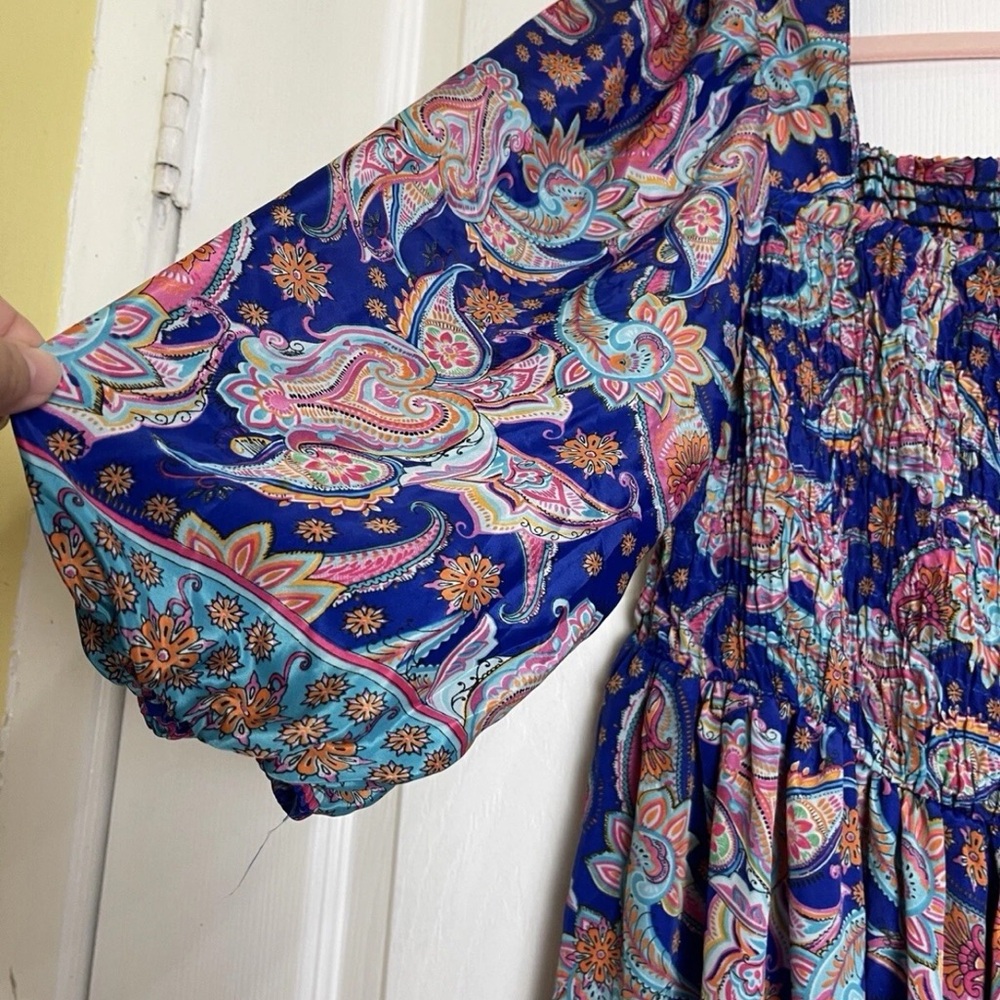 ME 2 MAGIC Anthropologie Bohemian Smocked Maxi Tiered Dress Large Balloon Sleeve - Picture 8 of 8